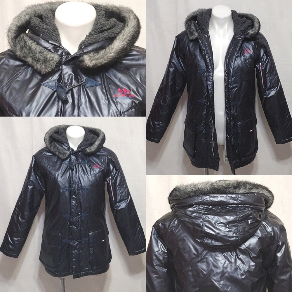 NEW Tommy Jeans Metallic Gray-Black Fur Trim Winter Puffer Jacket XS Streetwear